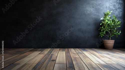 An elegant indoor plant positioned in a stylish minimalist setting, showcasing the beauty of nature in contrast with a sleek dark background and wooden flooring. photo