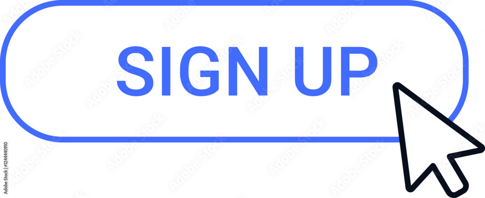Mouse cursor clicking a blue sign up button on a white background, symbolizing online registration, new account creation, and subscription to services Mouse cursor clicking a blue sign up button on a white background, symbolizing online registration, new account creation, and subscription to services