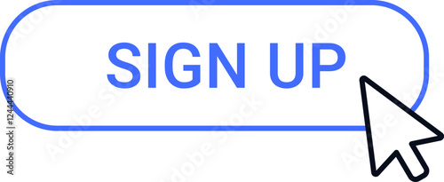 Mouse cursor clicking a blue sign up button on a white background, symbolizing online registration, new account creation, and subscription to services