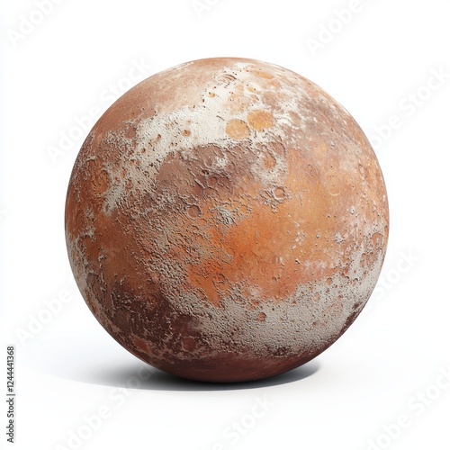 of Makemake, a reddish dwarf planet in the Kuiper Belt, with an icy, methane-covered surface on a white background photo