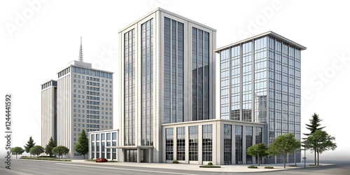 Set of tall modern office building isolated on transparent background or white background.