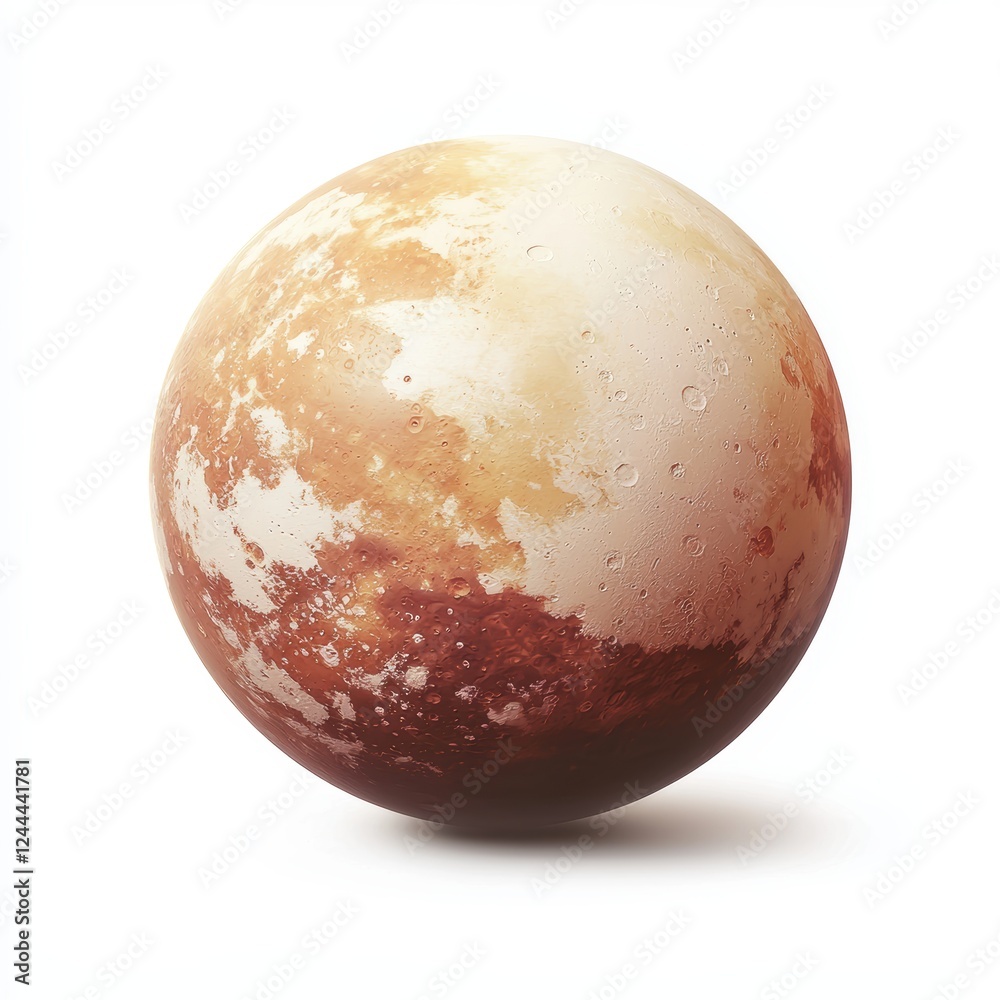 of Pluto with icy mountains, reddish surface, and a soft cosmic glow on a white background of Pluto with icy mountains, reddish surface, and a soft cosmic glow on a white background