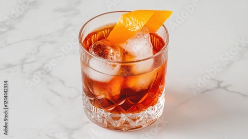 Classic negroni cocktail with orange garnish on a marble surface. National Cocktail Day photo