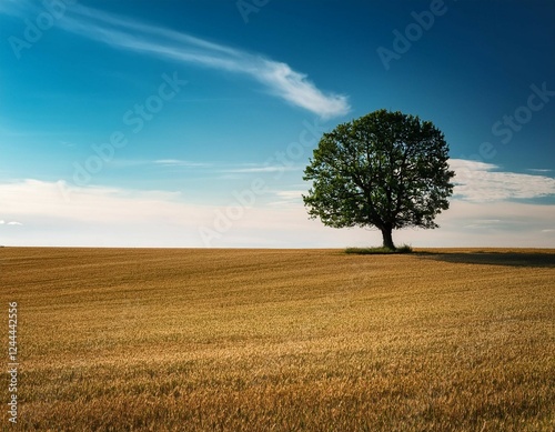 minimal skies concept a solitary tree stands proudly under a bright sky in an expansive field photo