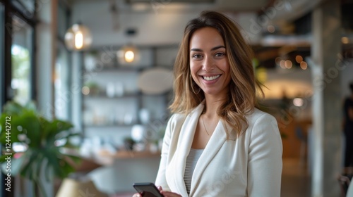 Businesswoman in formal wear  Hispanic  happily using her smartphone at her workstation