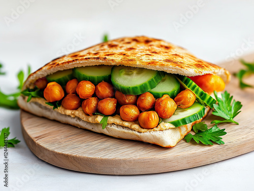 Leckeres Fladenbrot mit Kichererbsen, Gurken und Tomaten

 photo