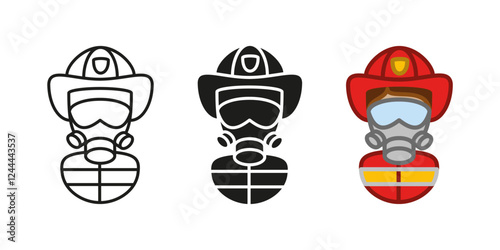 Firefighter character icon. Fireman uniform vector illustration. Fire department symbol. Emergency service profession avatar. Fire station rescue man silhouette. Extinguisher fireman profession sign.