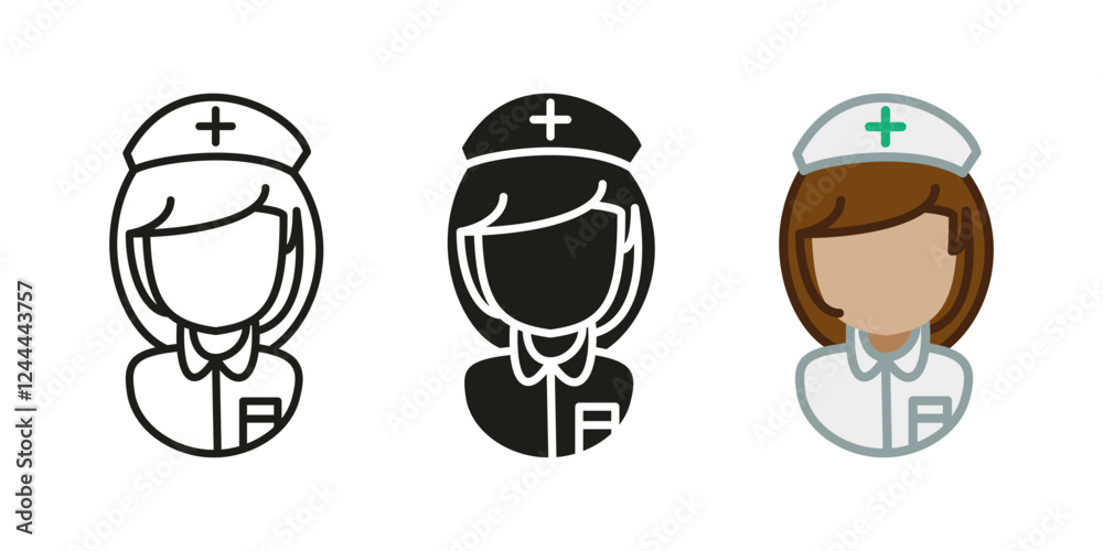 Nurse icon. Female doctor vector illustration. Health care and medicine uniform symbol. Surgeon woman character sign. Patient treatment service pictogram. Hospital clinic nurse and doctor female. Nurse icon. Female doctor vector illustration. Health care and medicine uniform symbol. Surgeon woman character sign. Patient treatment service pictogram. Hospital clinic nurse and doctor female.