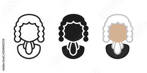 Judge man icon. Lawyer character with wig vector illustration. Advocate uniform symbol. Lawsuit judgement profession. Your Honor person. Judicial worker sign. Juridical barrister pictogram. Judge wig.