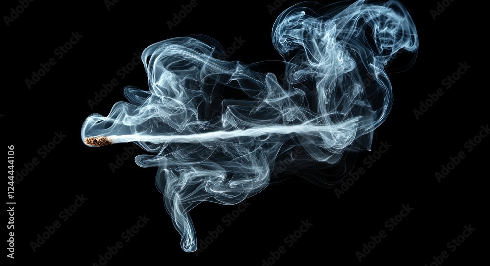 Fototapeta premium An empty room with brick walls and concrete floor tiles, illuminated by neon light and spotlight, with smoke present
