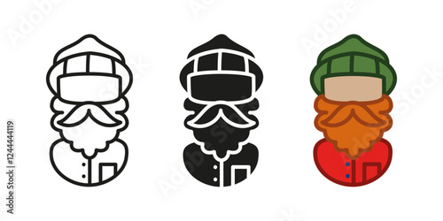 Lumberjack style man icon. Woodcutter character vector illustration. Ranger hipster fashion. Bearded forester, logger or lumberman symbol. Male person with green cap and beard. Woodworker or barber.