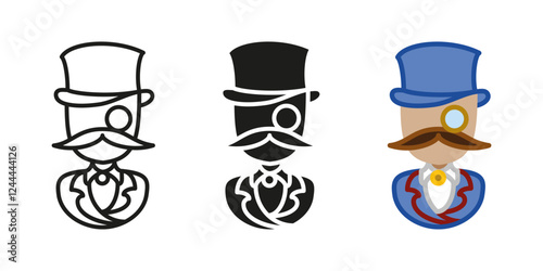 Gentleman person icon. Aristocrat character. Elegant vintage style dandy costume. Noble lord suit vector illustration. Retro cylinder and eyeglass monocle male portrait. Victorian classic clothing.