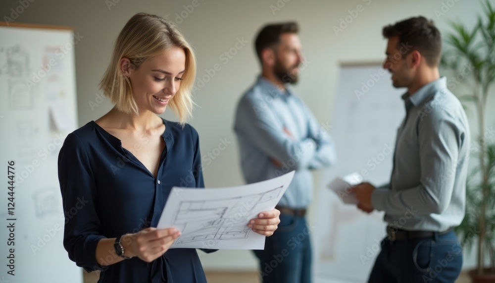 A confident woman with short blonde hair examines detailed architectural plans, surrounded by two men engaged in discussion. The atmosphere is collaborative and creative, highlighting teamwork and A confident woman with short blonde hair examines detailed architectural plans, surrounded by two men engaged in discussion. The atmosphere is collaborative and creative, highlighting teamwork and