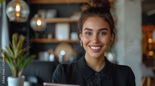 Businesswoman in formal wear  Hispanic  happily using her smartphone at her workstation