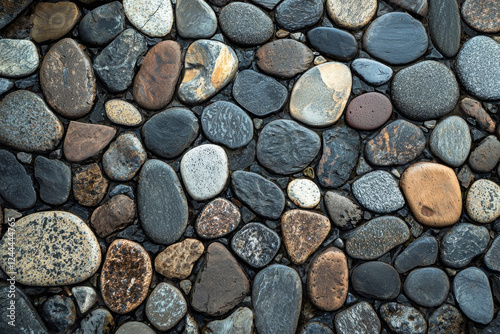A seamless pebble stone pattern with polished black and brown river rocks