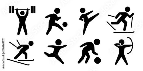 Sport training man body icon set. Sports athlete stick figure collection. Sportsman activity vector illustration. Gym exercise symbol. Championship or tournament contest sign. Athletic person concept.