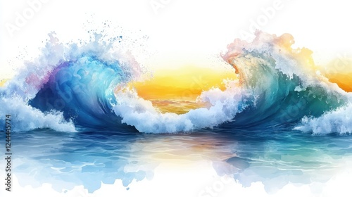 Vibrant ocean waves at sunset with splashes of color for wall art and decor. National Tsunami Awareness Week