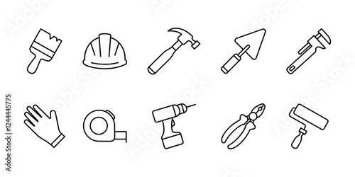 Hardware tool icon set. Workshop equipment vector illustration collection. Repair kit symbol. Construction or renovation instrument sign. Paint brush and roller, hard hat, hammer, gloves and drill.