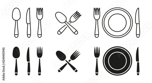 Fork, spoon and knife icon set. Cutlery with plate vector illustration. Eatery or cafe menu symbol. Dinner and culinary tableware. Restaurant flatware sign. Breakfast and lunch pictogram. Meal concept