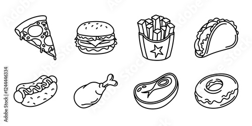 Fast food doodle illustration collection. Fast food icon set. Hamburger, pizza, hot dog, taco, french fries and crispy chicken outline symbol. Meat steak, burger and donut eatery menu. Fast food sign. photo