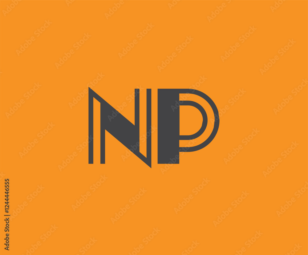 Obraz premium Bold black lettering 'NP' with geometric elements on a vivid orange background, ideal for branding, design, or modern creative projects.