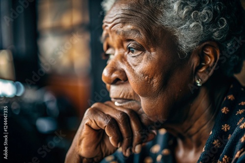 An elderly black African-American woman with a sad face. Old age, retirement. Problems of the elderly. Nursing homes.