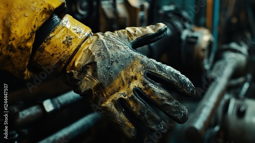 Worn work glove in industrial setting with heavy machinery background photo