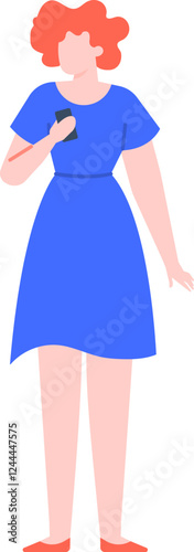 Redhead woman holding a smartphone close to her chest, dressed in a stylish blue dress and vibrant red shoes, standing confidently in a modern flat illustration on a white background