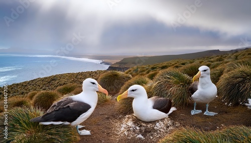 Stunning Blackbrowed Albatross Nesting on West Point Islands Rugged Coastline at Dusk, Falklands, with a Backdrop of Dramatic Ocean and Sky. photo