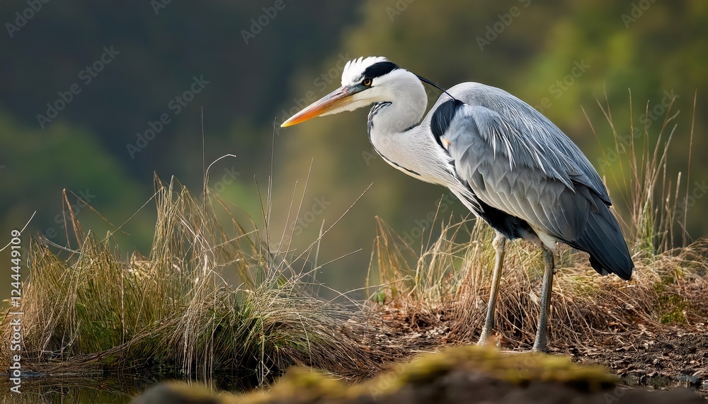 Striking Blue Heron in Marshland Grey Heron at Dusk amidst Moody Wetlands, Captured on a Misty Winter Morning Striking Blue Heron in Marshland Grey Heron at Dusk amidst Moody Wetlands, Captured on a Misty Winter Morning