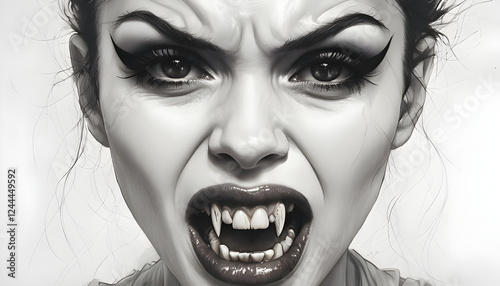 volto di donna vampiro in bianco e nero con la bocca spalancata, zanne e sguardo feroce, Black and white vampire woman face with mouth wide open, fangs and fierce gaze photo