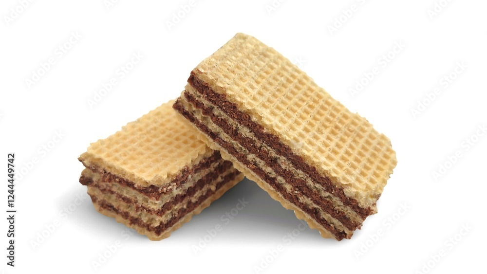 Photo of two crispy chocolate wafers with a rich, creamy filling, isolated on a white background. A perfect sweet snack for chocolate lovers, ideal for desserts or coffee breaks.