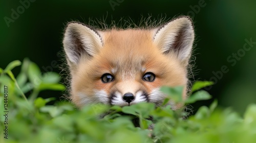 Red fox kit peeking from foliage, forest background, wildlife photography photo