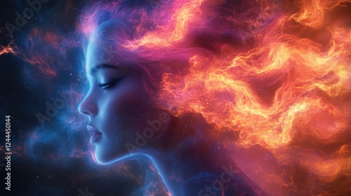 A vibrant profile of a woman with fiery, colorful hair against a cosmic background.