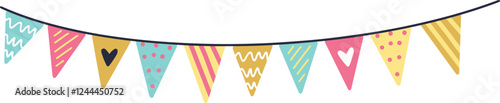 Pastel triangular flags featuring hearts, stripes, waves, and dots hanging from a string create a cheerful, celebratory atmosphere for parties and festive events