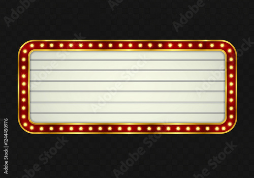Retro marquee sign with lights, featuring a large blank space for custom messages, framed by a red and gold border. Isolated on transparent background, png.