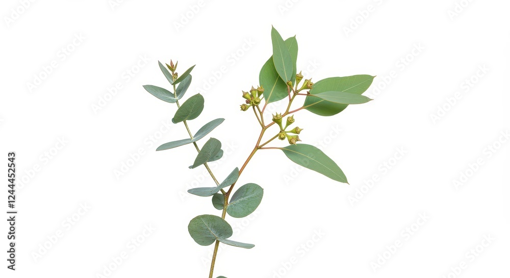 Obraz premium A delicate eucalyptus branch with vibrant green leaves and small buds set against a white background