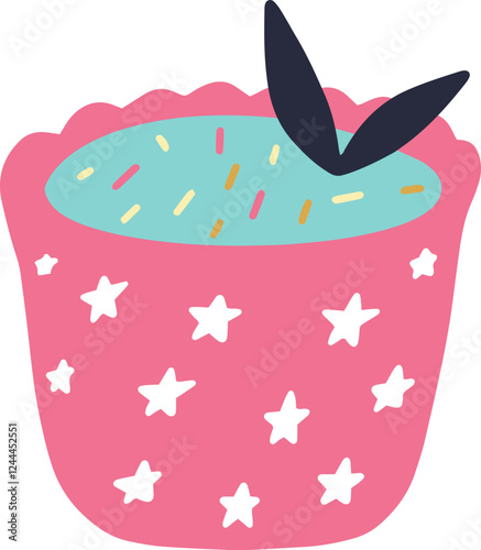 Pink cupcake decorated with blue frosting and sprinkles with bunny ears sticking out, simple childish drawing, isolated illustration on white background