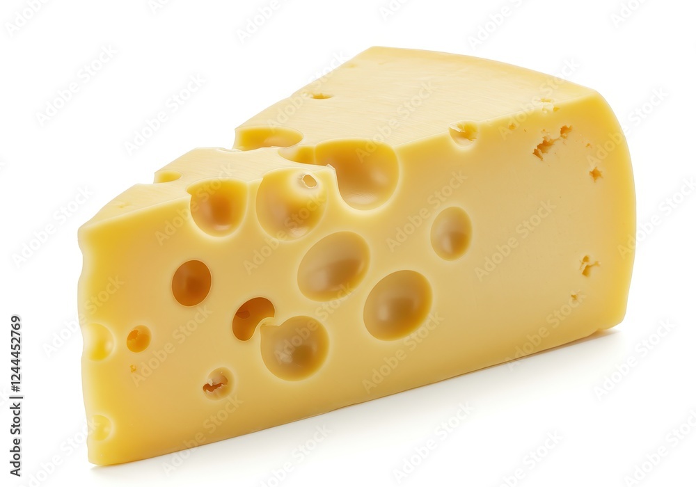 A wedge of yellow Swiss cheese with characteristic large holes placed on a plain white background A wedge of yellow Swiss cheese with characteristic large holes placed on a plain white background