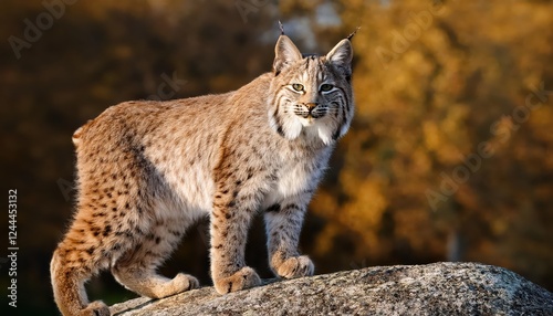 Wild Bobcat Gracefully Perched on a Rocky Outcrop in a Serene Wilderness, Capturing the Majestic Beauty of North American Wildlife.