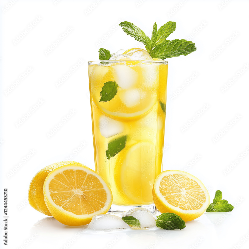 Lemonade with ice and mint isolated on white background