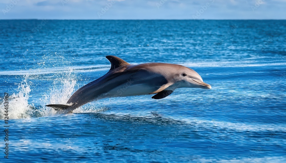 Naklejka premium Stunning Leap of the Bottlenose Dolphin, Tursiops Truncatus, in a Glistening Ocean Wave at Dawn, Showcasing Agility and Power