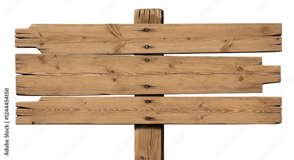 Fototapeta premium A rustic wooden sign made from horizontal planks nailed to a vertical post isolated on a white background