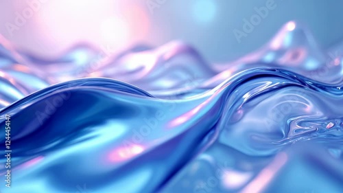 Abstract holographic metallic pink and blue waves in Y2K style. Macro 3d render of flowing liquid chrome, glass. Iridescent smooth liquid surface. Trendy glossy futuristic footage for luxury, fashion.