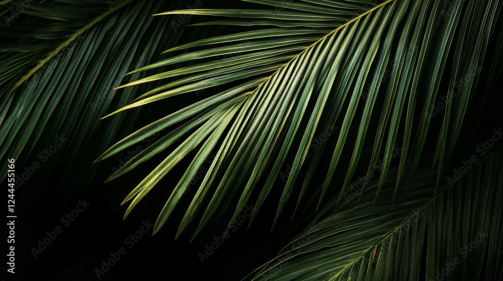 Fototapeta premium Palm Leaves in Close-up on a Black Background, Realistic