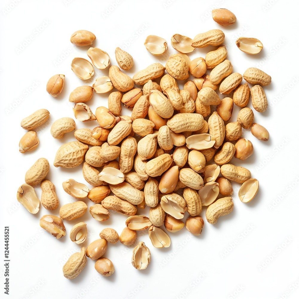 A top view scattered peanuts in shells, ideal for food and nutrition-focused designs Isolated on white background A top view scattered peanuts in shells, ideal for food and nutrition-focused designs Isolated on white background
