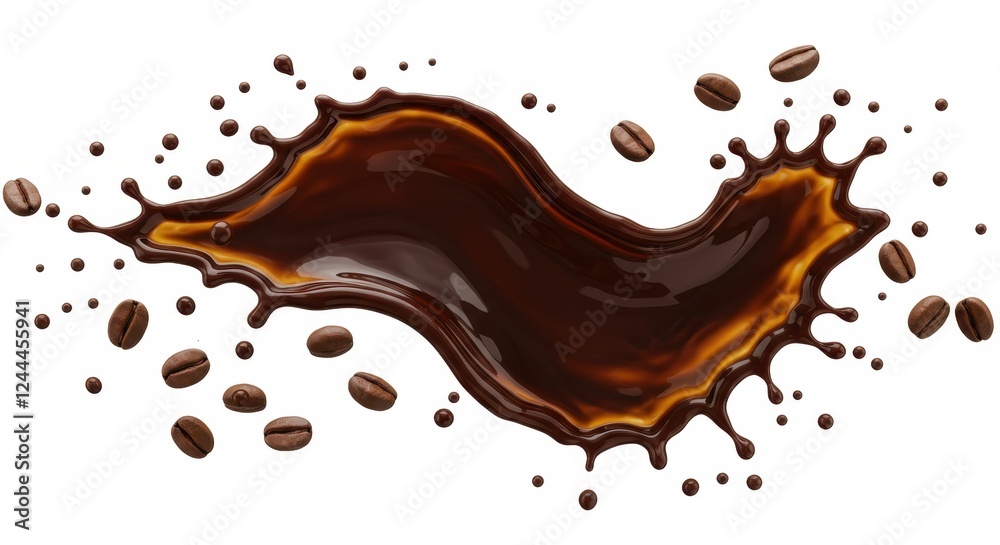 A splash of rich dark coffee with detailed reflections and textures surrounded by scattered roasted coffee beans isolated on a white background
