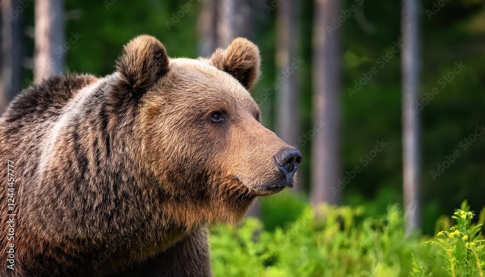 Striking Side View of a Brown Bear in Verdant Summer Forest Portrait in a Lush Green Canopy, Embracing the Power and Majesty of Natures Mighty Guardian Striking Side View of a Brown Bear in Verdant Summer Forest Portrait in a Lush Green Canopy, Embracing the Power and Majesty of Natures Mighty Guardian