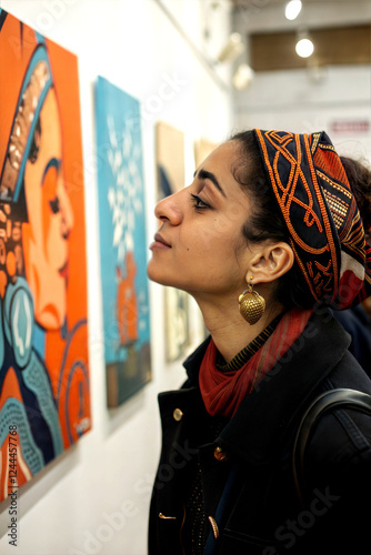 portrait of a young woman, young woman in art gallery