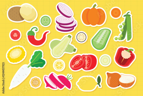 Set of stickers of fresh vegetables, Potatoes, Hot pepper, Red Onion, zucchini, Pumpkin, Cucumber, Tomato, peas, Radish, Daikon, simple flat vector illustration.